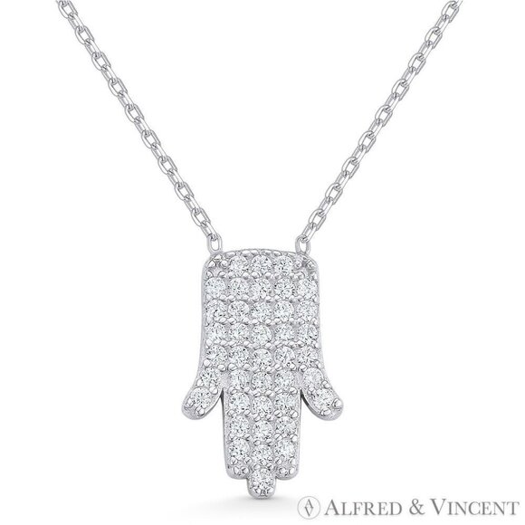 Hamsa Hand Luck Charm CZ Crystal Pendant in .925 Sterling Silver w/ Rhodium - Picture 1 of 1